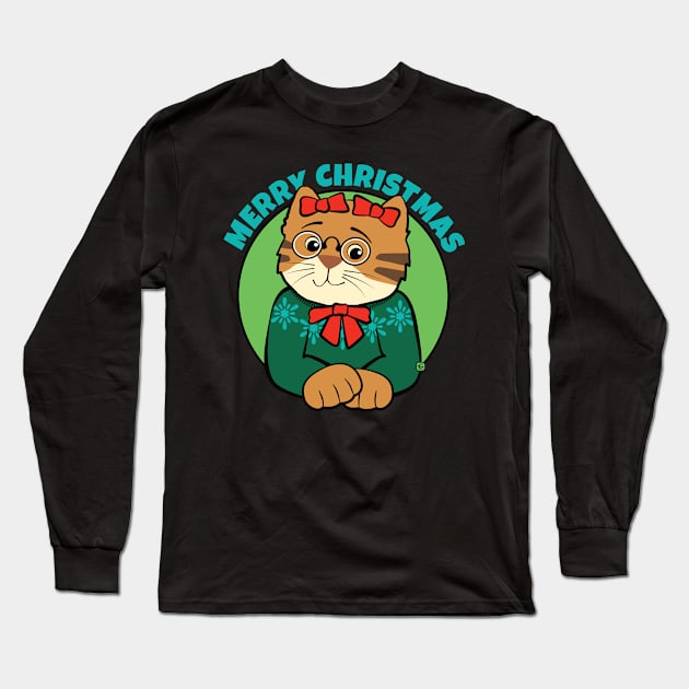 Merry Christmas Sweater Cat Long Sleeve T-Shirt by Sue Cervenka